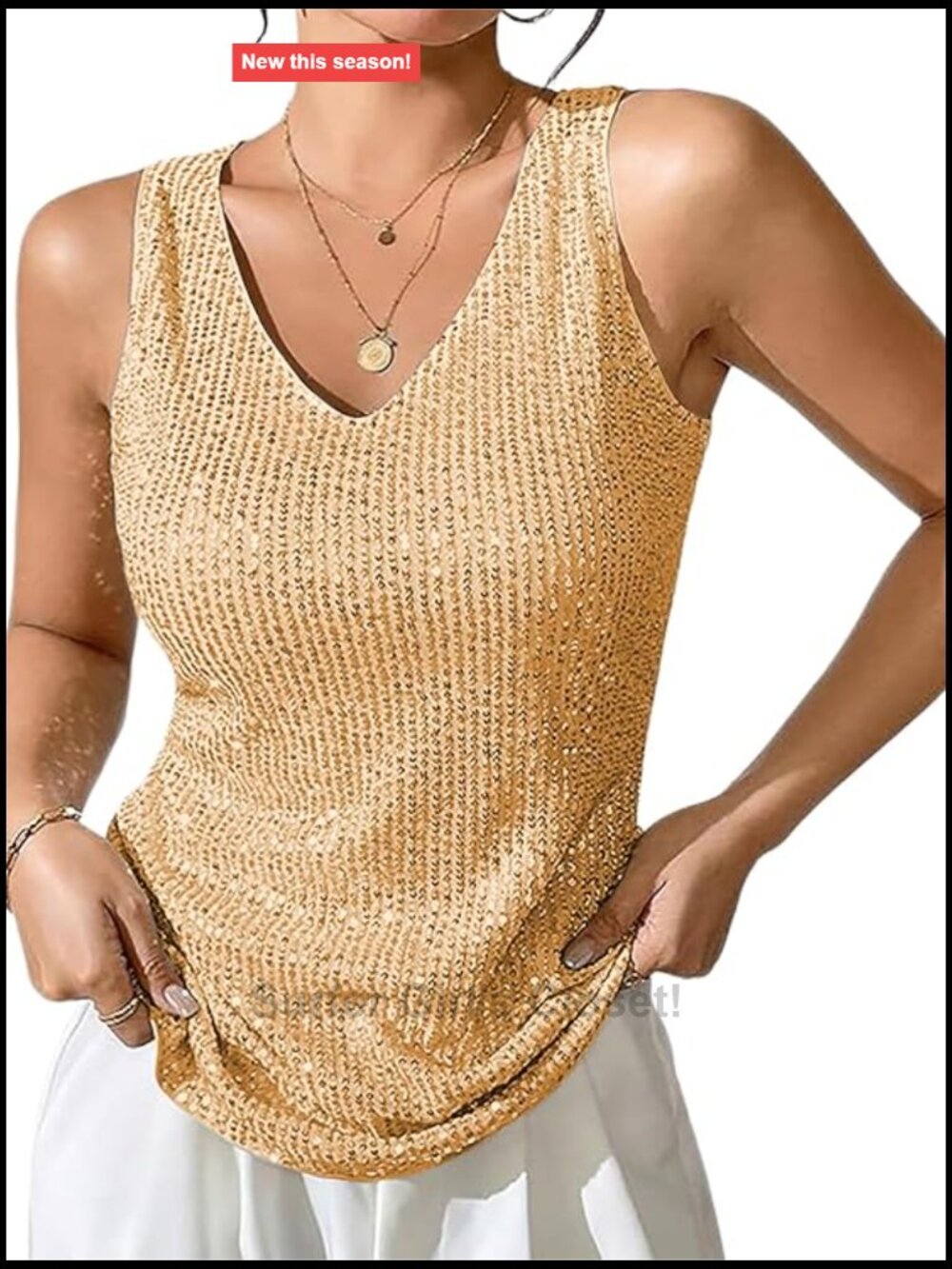 Women's Sequin V-Neck Tank Top Sparkly Glitter Party Shirt